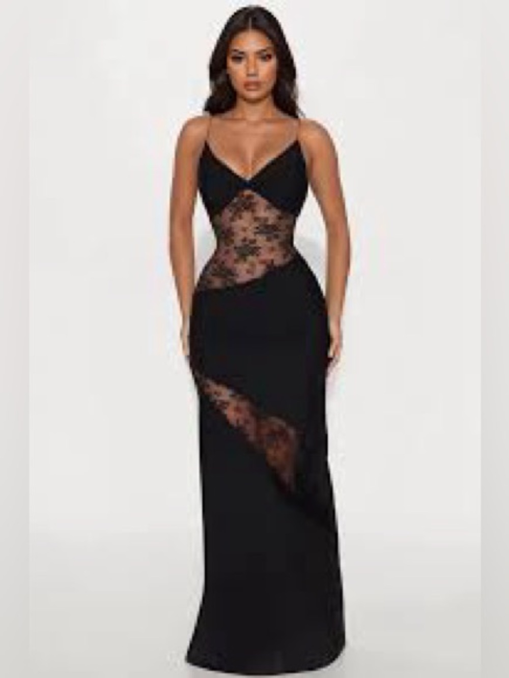Fashion Nova Black Sheer Lace-Panel Maxi Dress